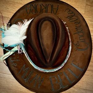 Gorgeous brown suede hat for for a princess. Adjustable. Pastel ribbon banding!